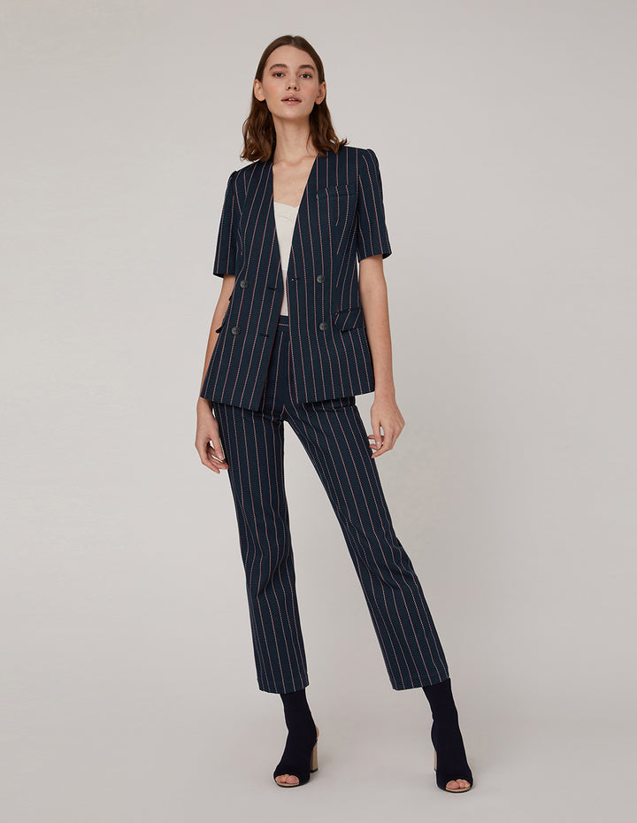 MARYLING Blue Striped Double Breasted Short Sleeve Jacket