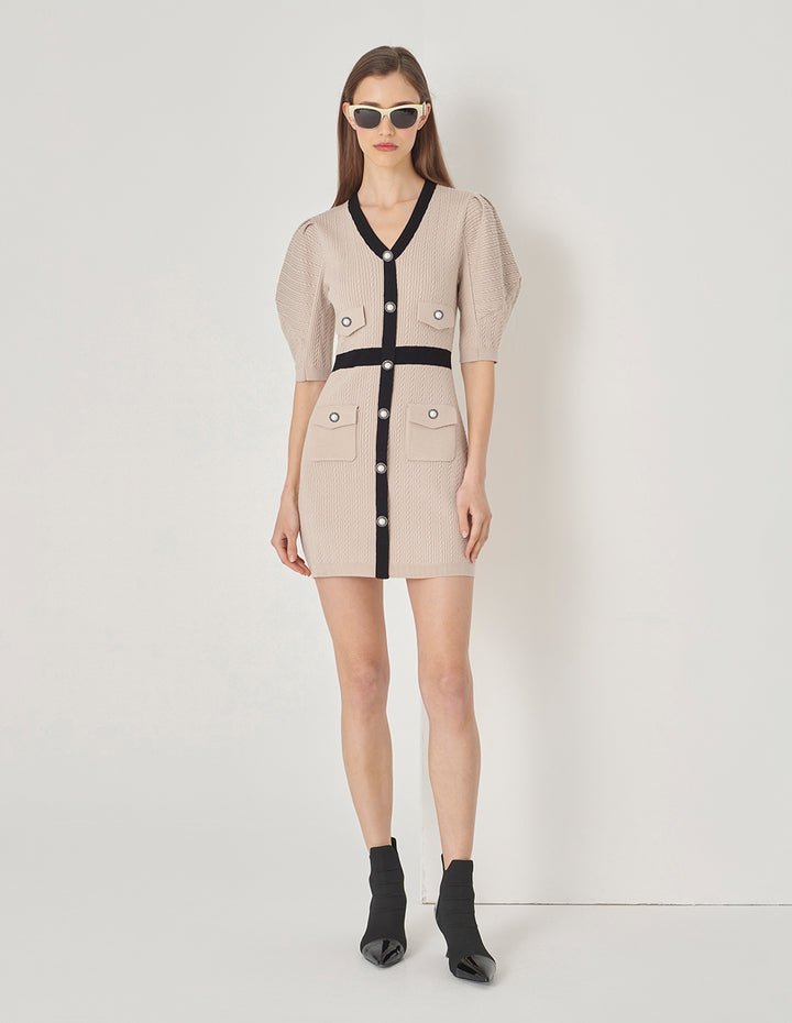 MARYLING Sand Colour Contrast V-Neck Long Sleeve Knit Dress