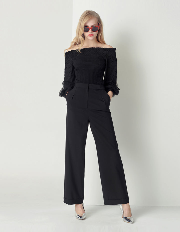 MARYLING One-word neck pleated puff sleeve knitted top