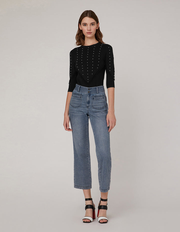 MARYLING V shape round neck middle sleeves knit top