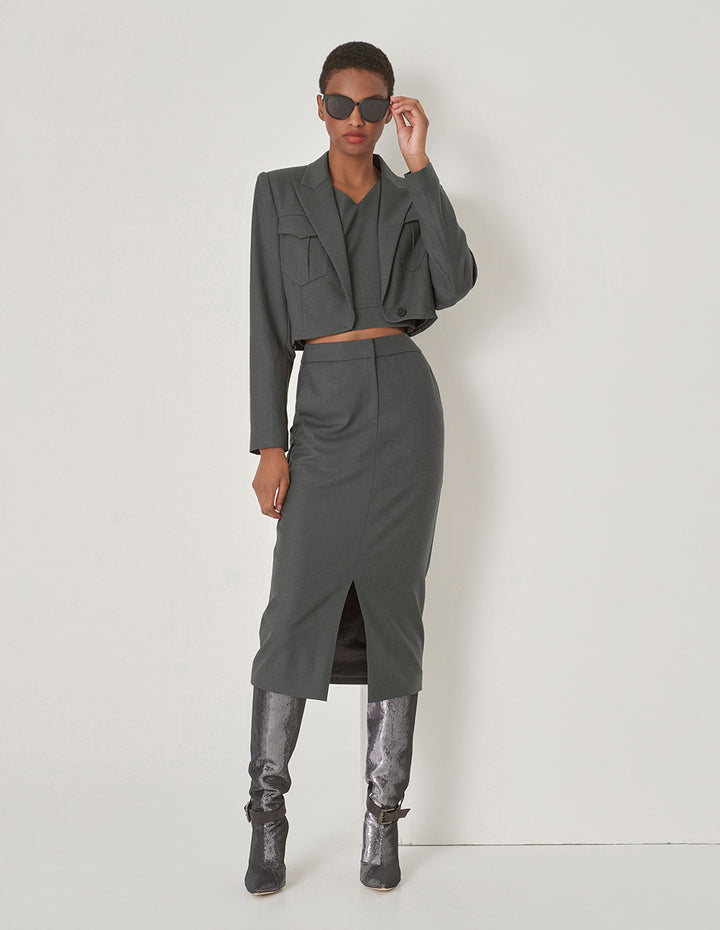 MARYLING Grey Blue Hem Curved Design Retro Blazer