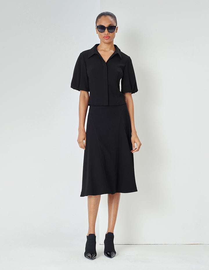 MARYLING Black Curve-Cut Bright Line Detail Skirt