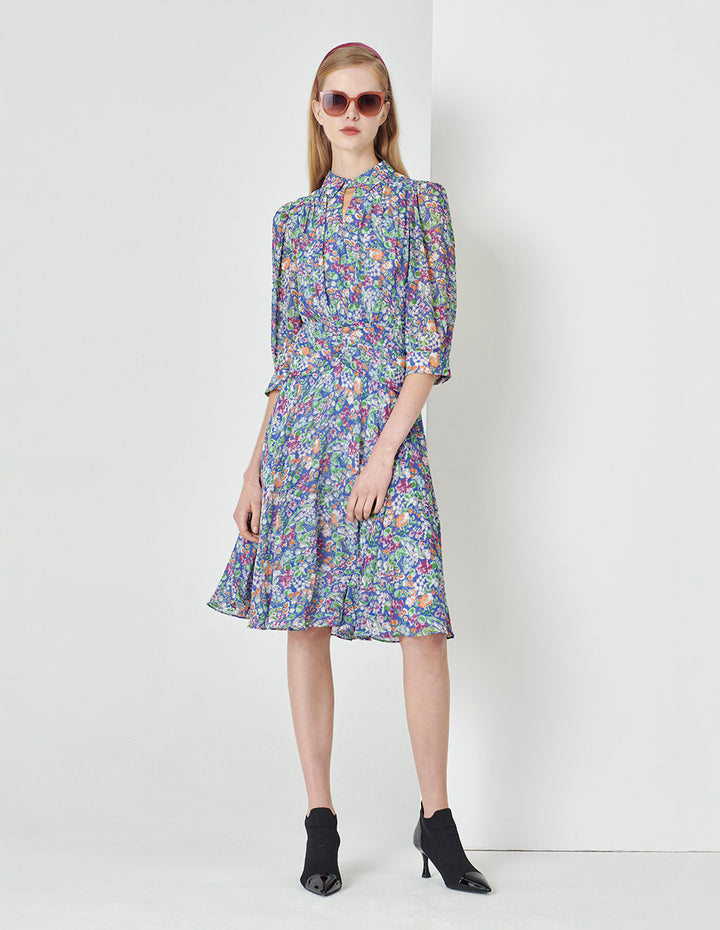 MARYLING Colour Shirt Collar Waist Pleated Puff Sleeve Dress