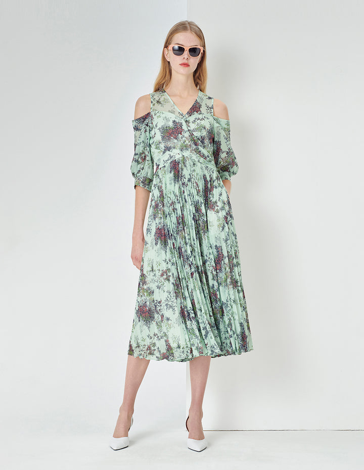 MARYLING Light Green Summer Jungle V-Neck Crossed Pleated Off-Shoulder Printed Dress