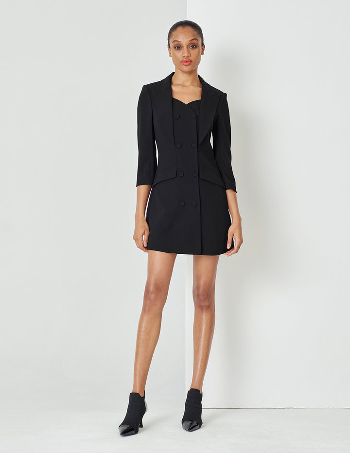 MARYLING Lapel Collar Double-Breasted Black Short Dress