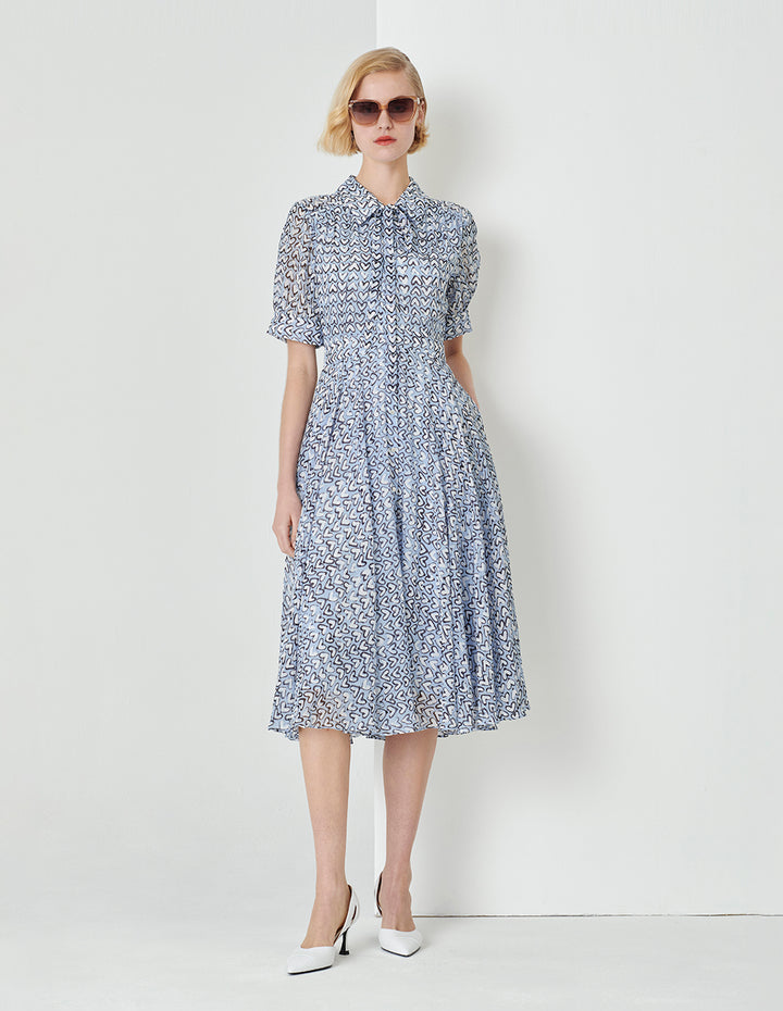 MARYLING Blue Heart Print Tie Bow Shirt Dress