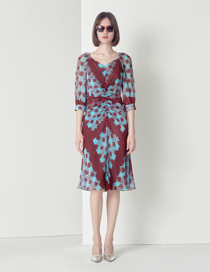 MARYLING Gathered Front Fishtail Print Dress