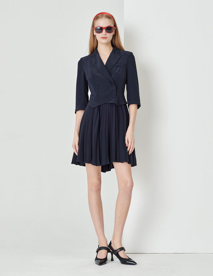 MARYLING Dark Blue Faux Two-Piece Suit Pleated Dress