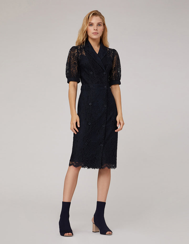 MARYLING Peak-Lapel Midi Lace Dress