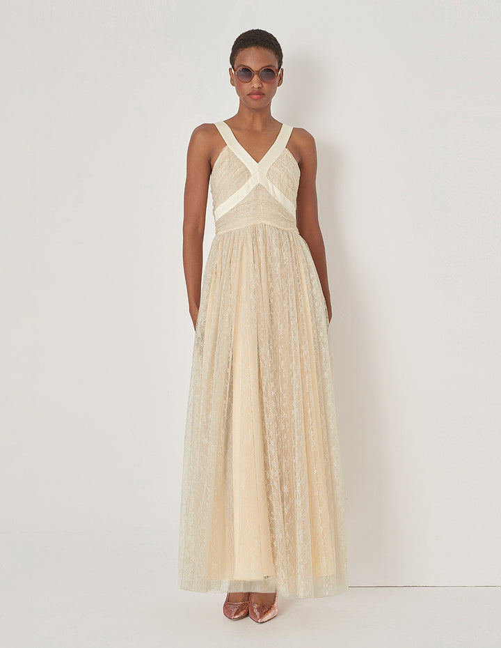 MARYLING Champagne V-Neck Lace Gown Dress
