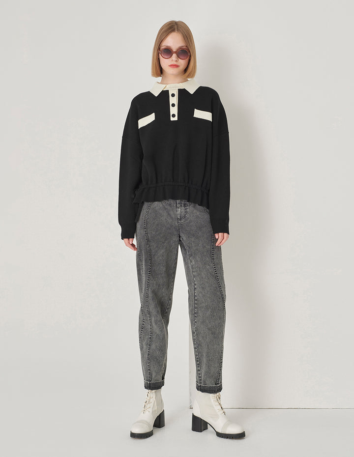 MARYLING Black And White Contrast T-Shirt Collar Knitted Pullover