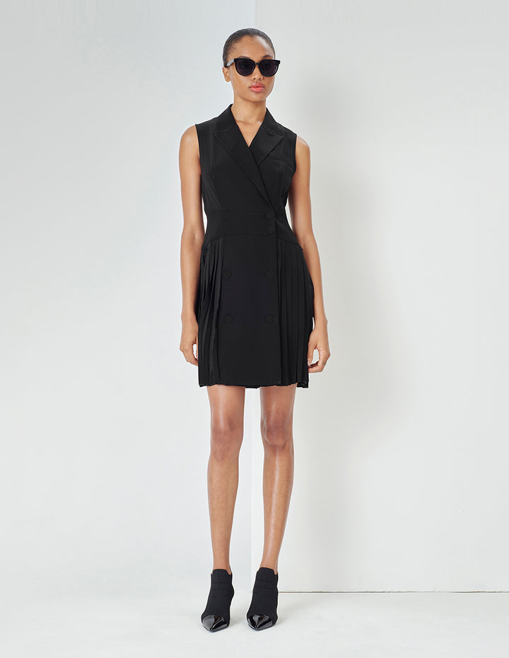 MARYLING Black Sleeveless Blazer Collar Pleated Dress