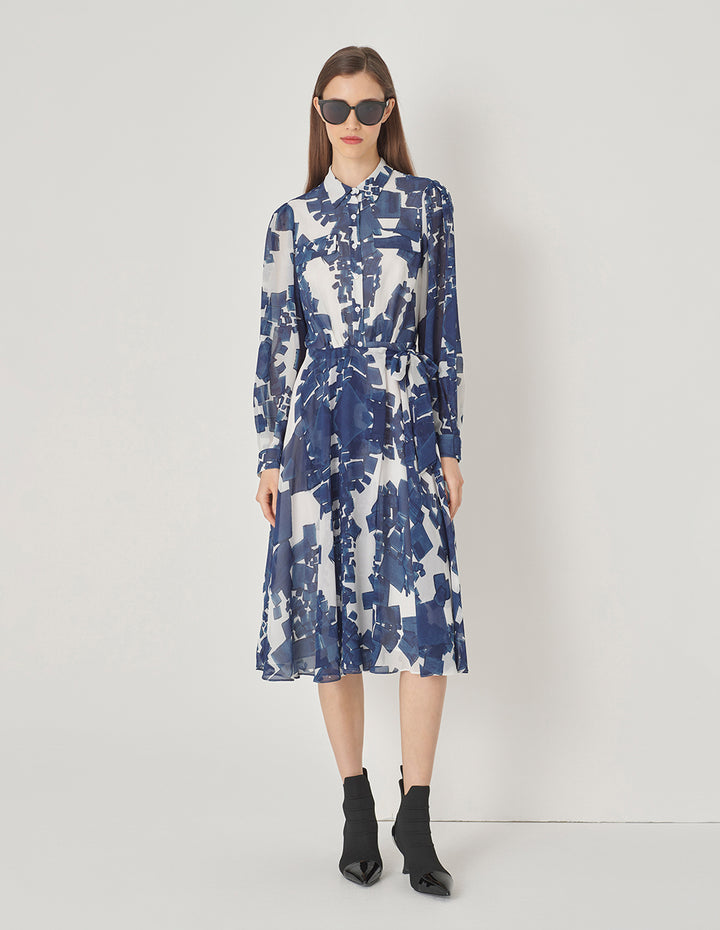 MARYLING Blue And White Grit Collar Blue Plaid Georgette Dress