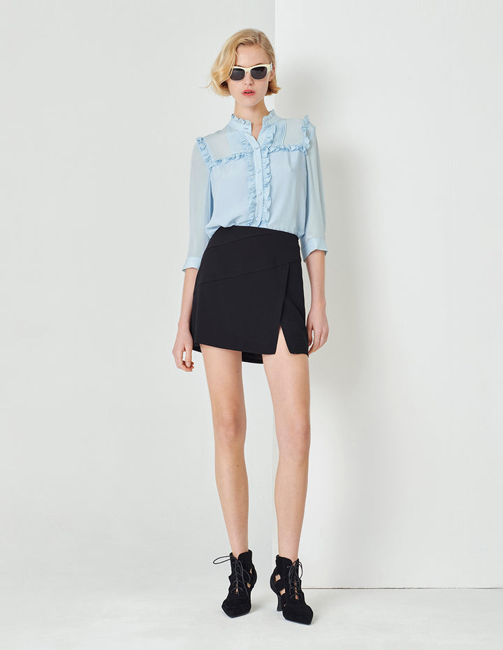 MARYLING Ice Blue Small Stand Collar Three Quarter Sleeve Shirt With Wooden Ears