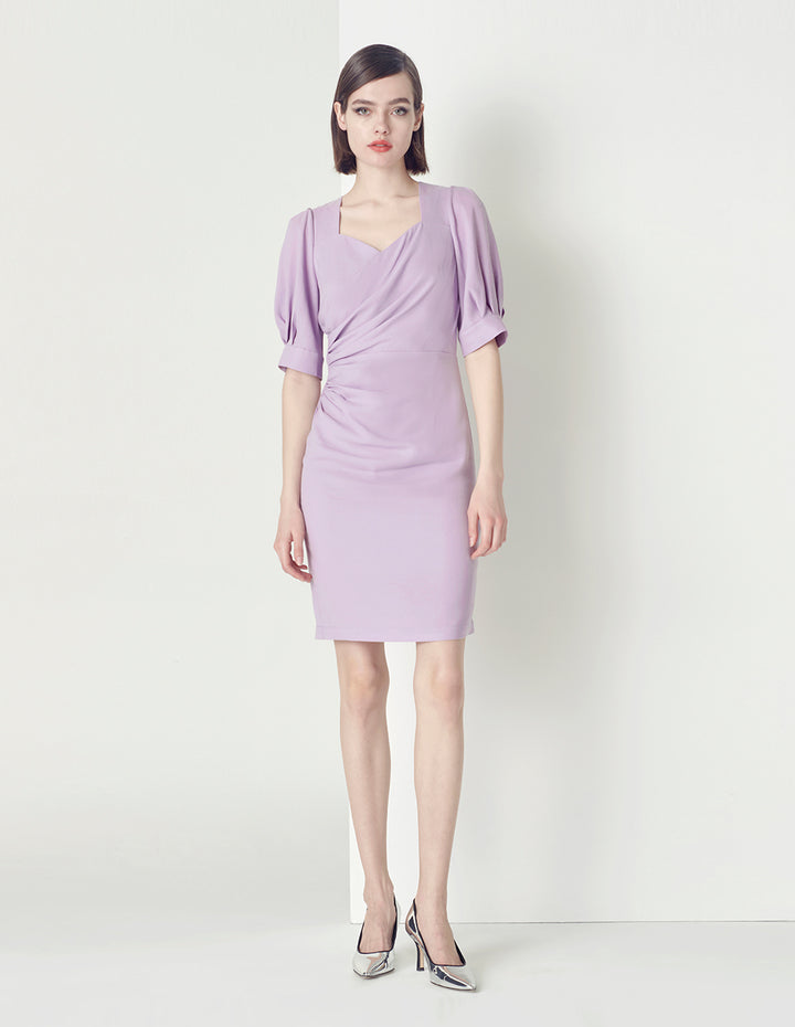 MARYLING V-Neck Puffed Sleeves Gathered Dress