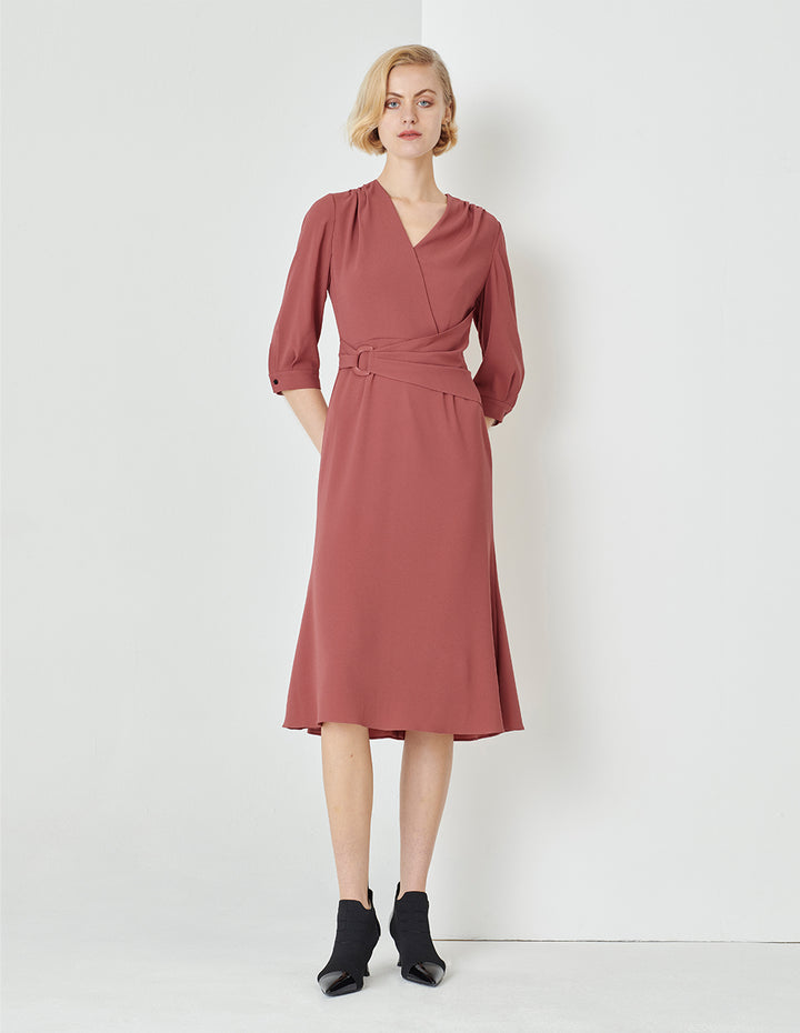 MARYLING Red V-Neck Pleated Waist Knee Mermaid Dress