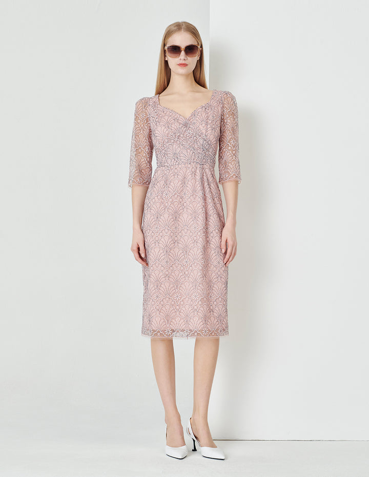 MARYLING Pink Heart-Neck Waist Hip Up Lace Dress