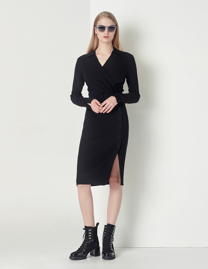 MARYLING black all-match slim V-neck knitted dress