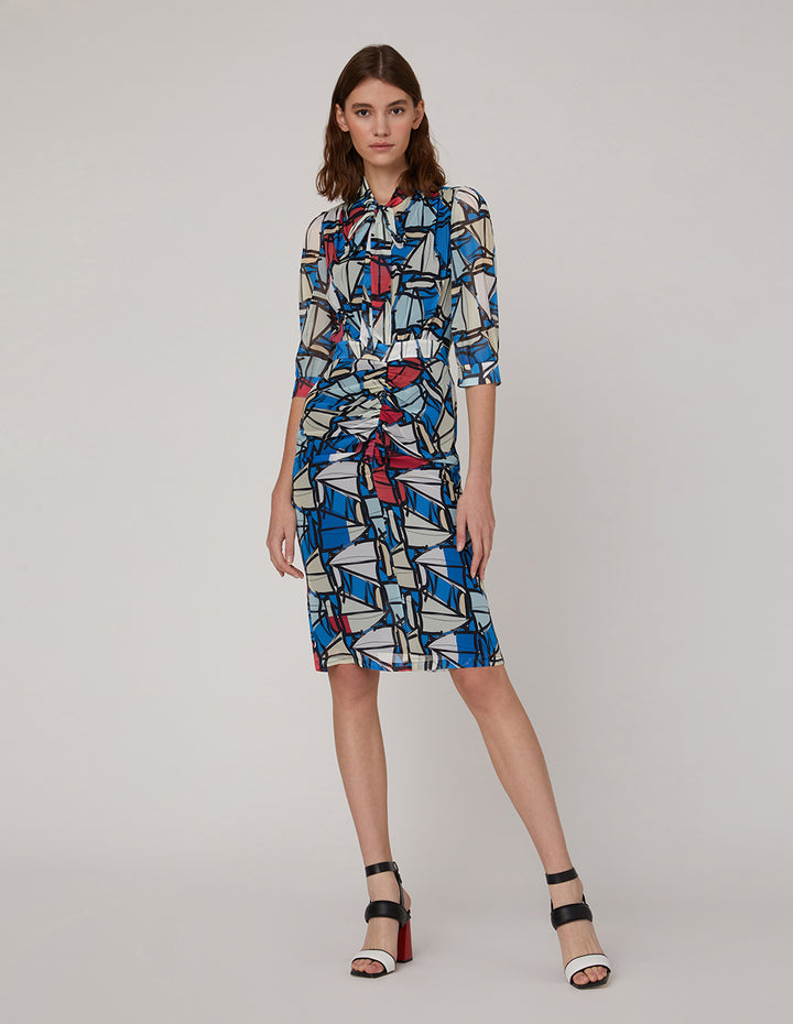 MARYLING Boat Georgette Print Bow Neck Dress