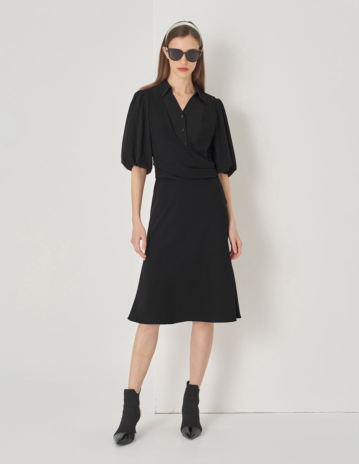 MARYLING Black Fake Two-Piece Shirt V-Neck Puff Sleeve Dress