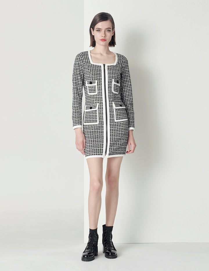 MARYLING Black and white houndstooth contrast color fringe dress