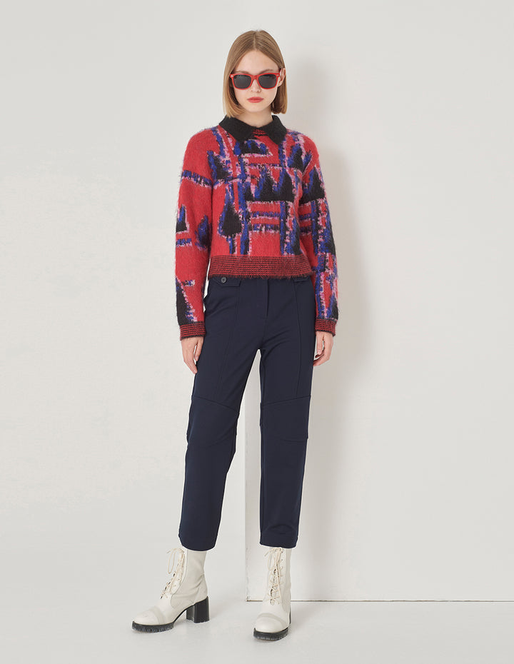 MARYLING Lapel Red And Blue Puzzle Knit Sweater