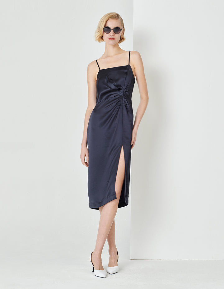MARYLING Dark Blue Pleated Slit Straight Slip Dress