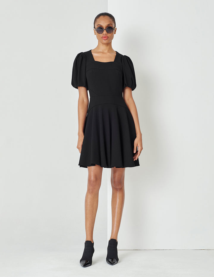 MARYLING Black Generous Collar Puff Sleeve Little Black Dress