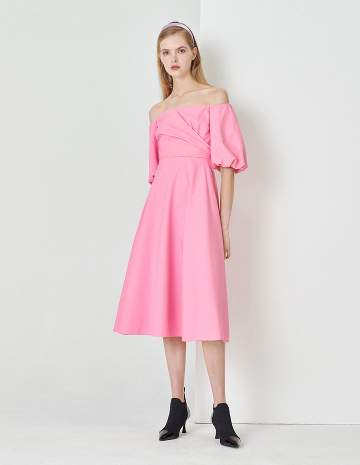 MARYLING Peach Pink One-Collar Puff Shoulder Dress