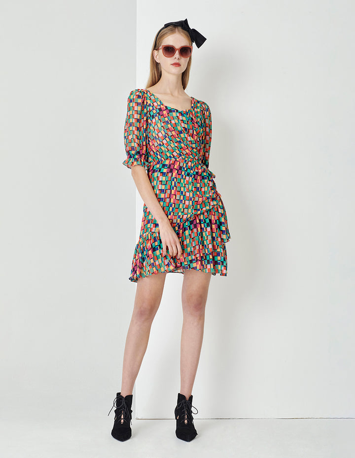 MARYLING Colourful Checkered Ruffle Detail Bubble Sleeve Printed Dress