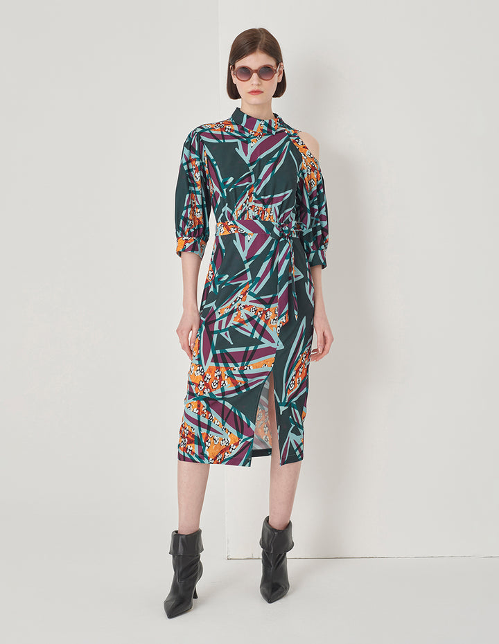 MARYLING Asymmetric Collar Cover Hip Straight Print Dress