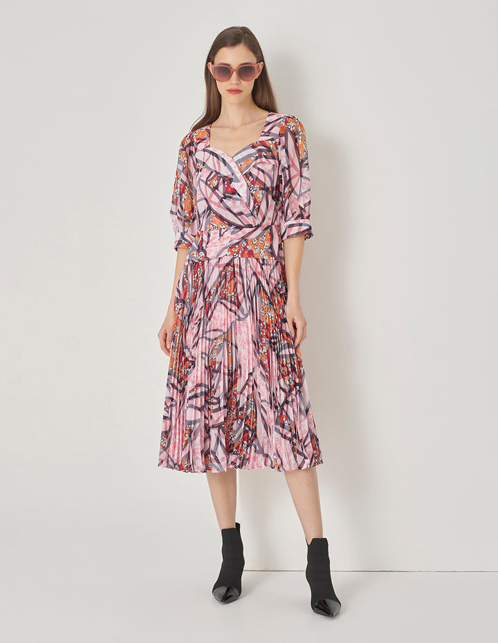 MARYLING Peach Blossom Square V Neck Cross Pleated Print Dress