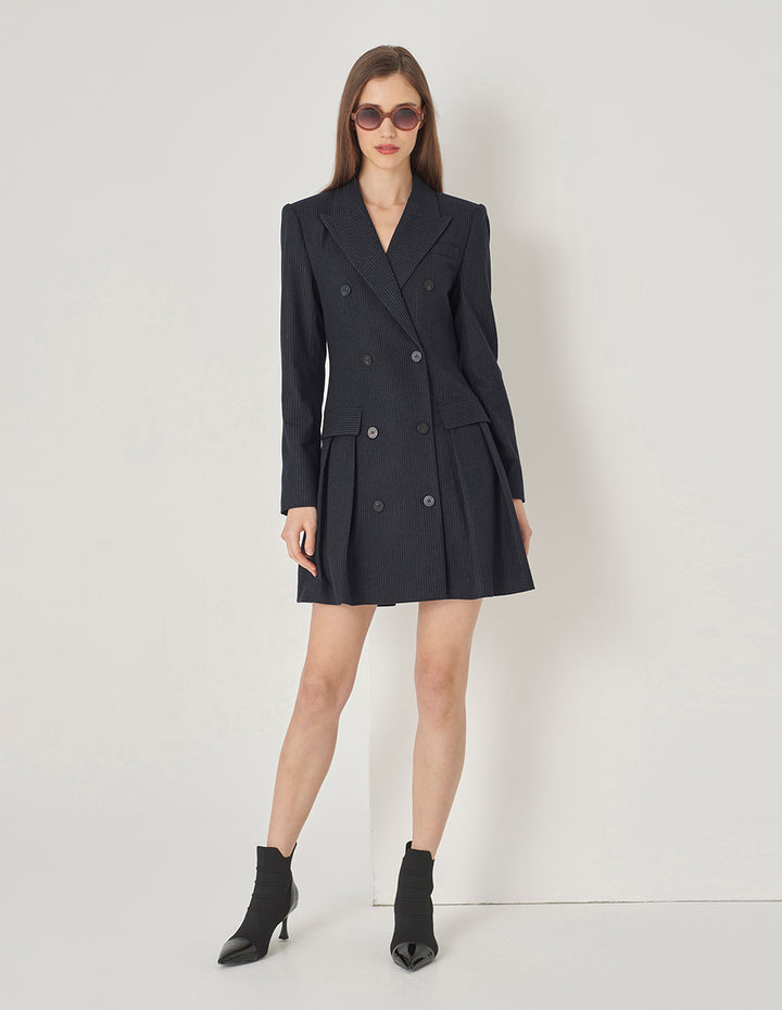 Maryling Navy Striped Double-Breasted Button-Down Dress With Pointed Collar