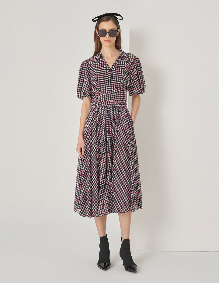 MARYLING Red Berry Plaid Shirt Collar Cross Tie Puff Sleeve Dress