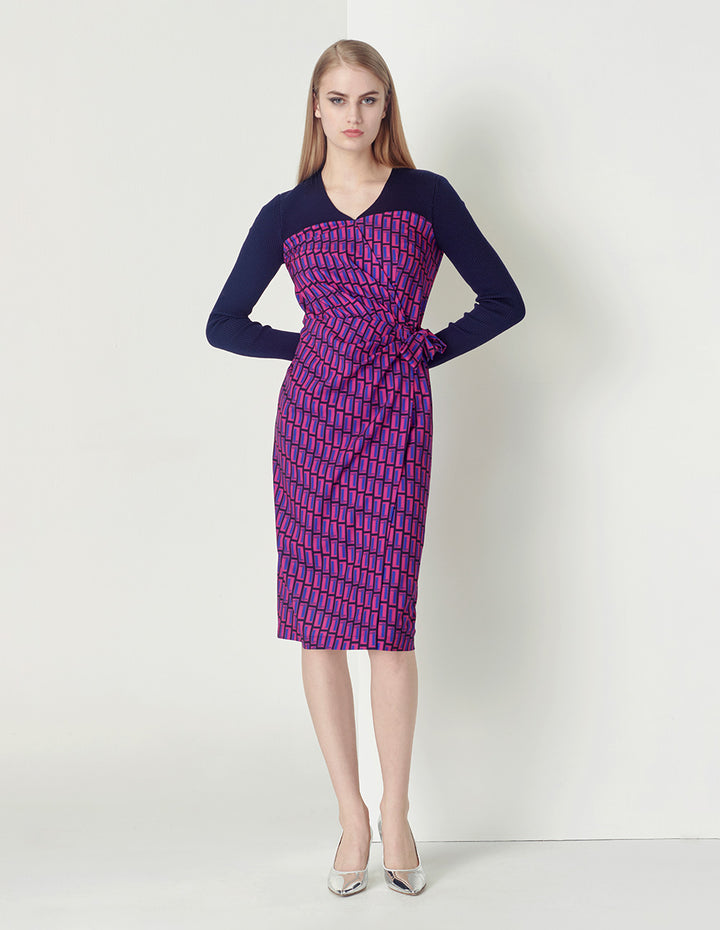 MARYLING blue and red plaid knitted V-neck slim fit dress