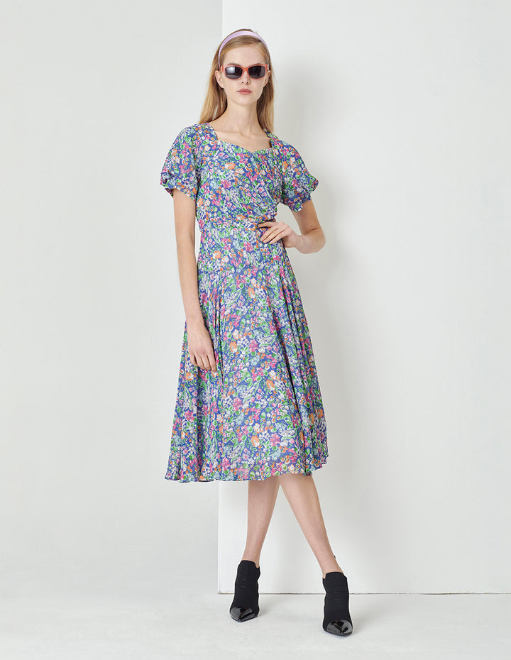 MARYLING Colourful Underwater Garden Square V-Neck Pinched Print Dress