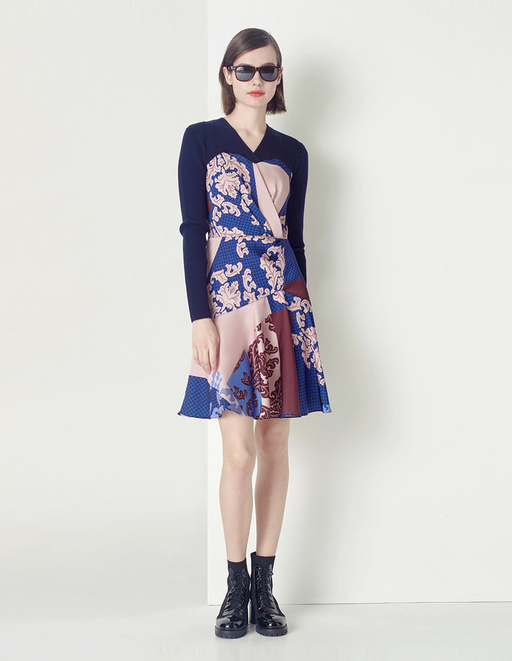 MARYLING Deep sea red flower V-neck knitted print dress