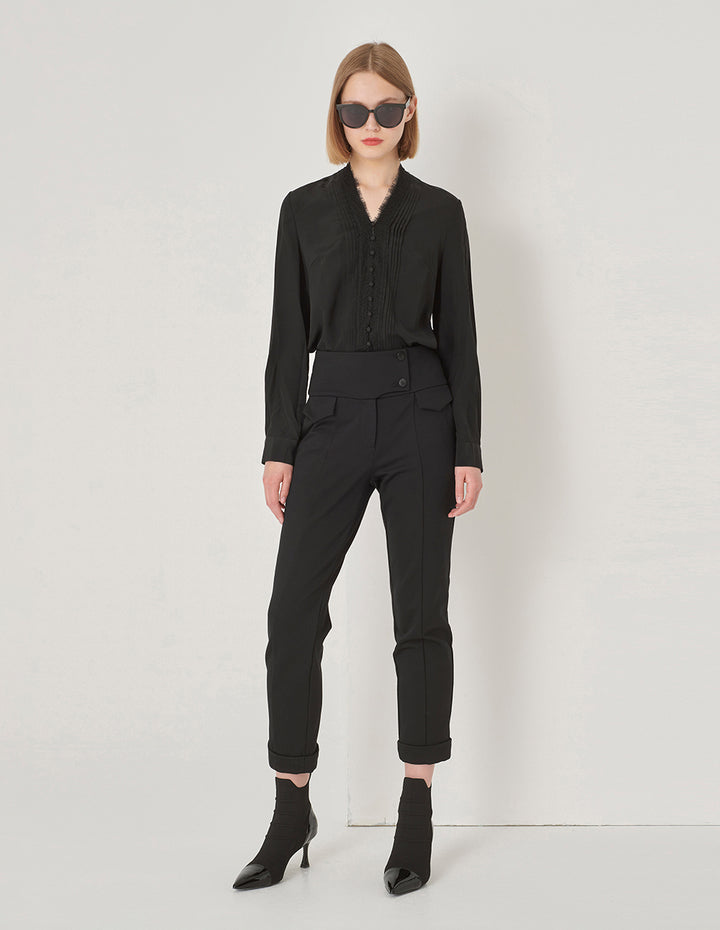 MARYLING Black Wide-Waisted Decorative Slim Fit Stretch Pants