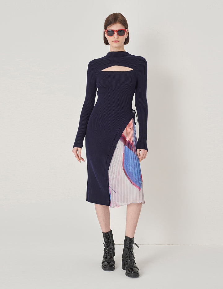 MARYLING Needle-Chiffon Printed Pleated Dress