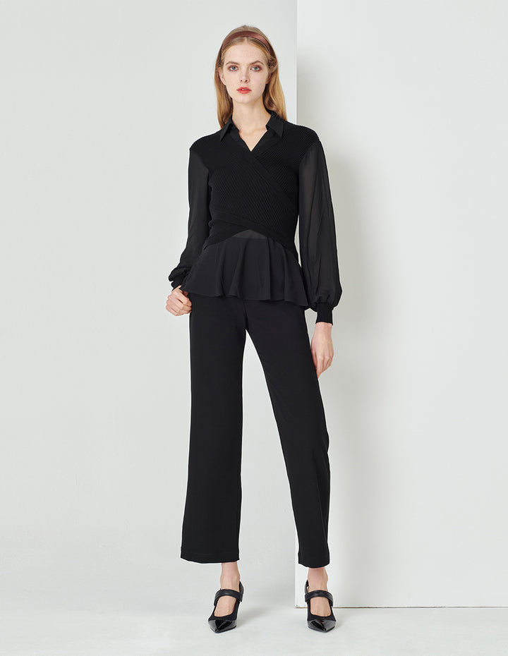 MARYLING  Classic Black Shirt Collar A Line Knitted Top