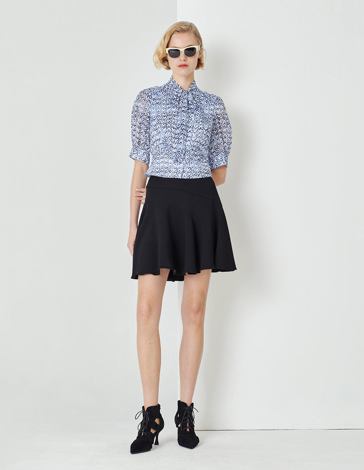 MARYLING Blue Heart-Shaped Pattern Tie Bow Print Top
