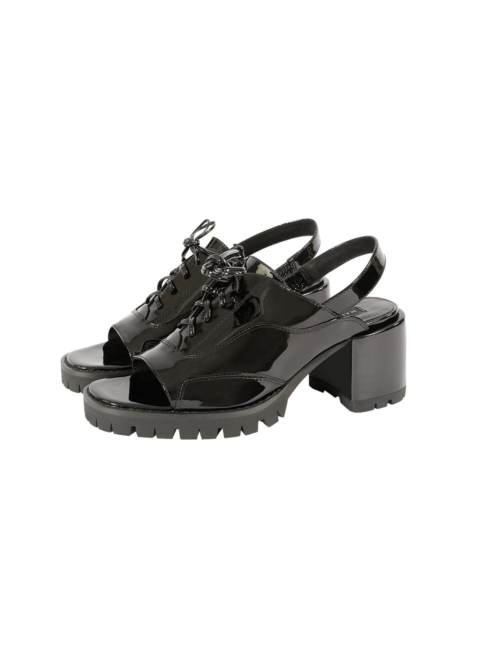 MARYLING Patent Leather Open Toe Lace Up Block Heel Slingback Shoes