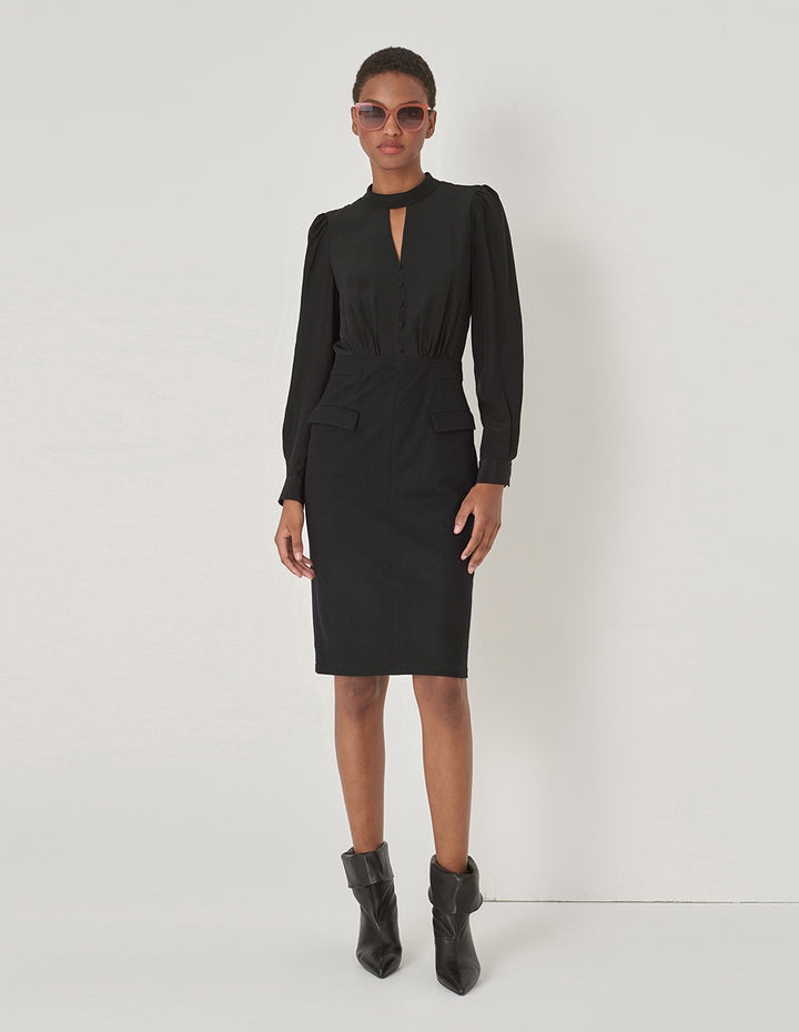 MARYLING Black Wool Silk Panel Dress