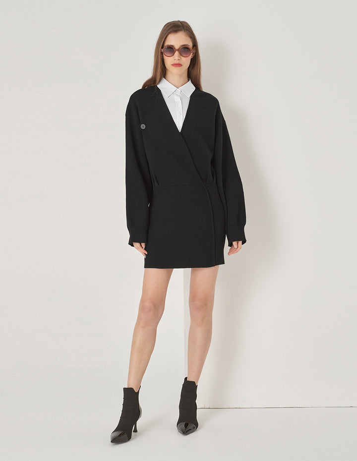 MARYLING Black And White Contrasting Knit Woven Dress