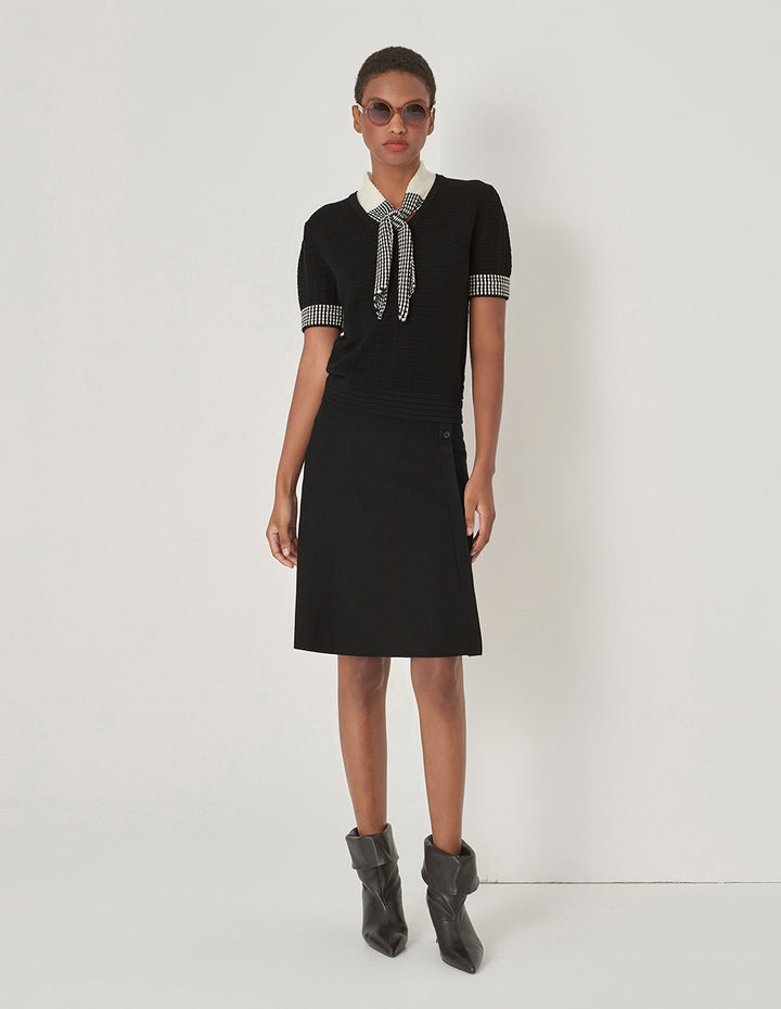 MARYLING Black And White Tie Design Knitted Short-Sleeved Pullover