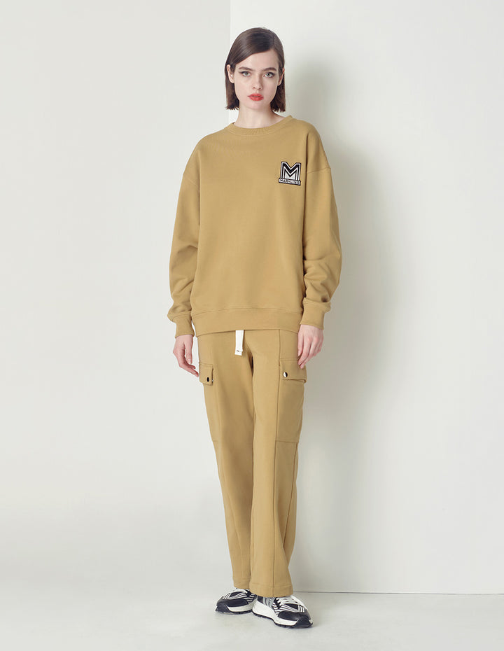 Maryling Beige Loose Design M Badge Sweater