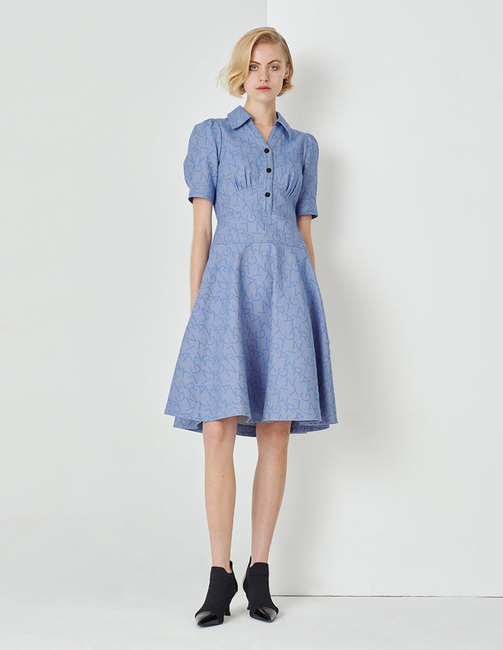MARYLING V-Neck Puff Short-Sleeved High Waistline Blue Denim Shirt Dress