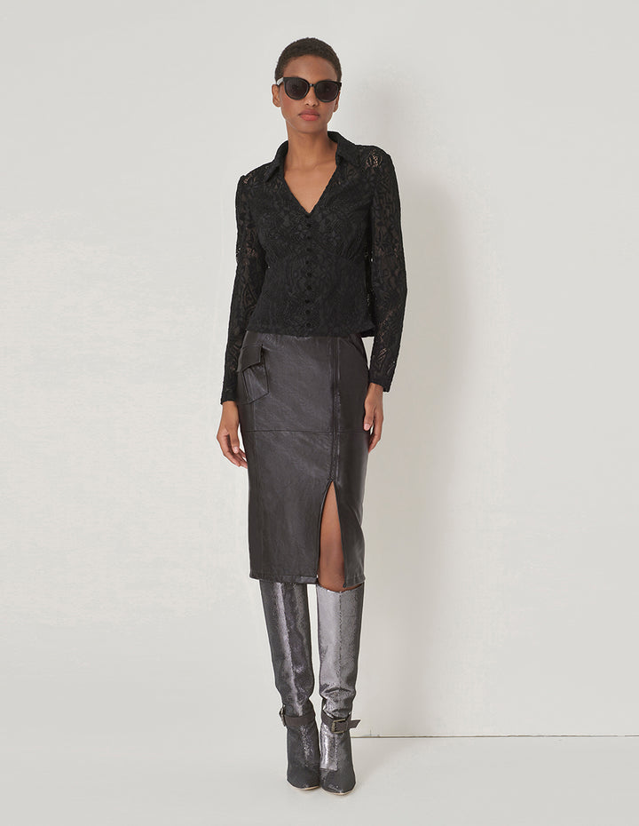 MARYLING Black V-Neck Fitted Lace Bouse