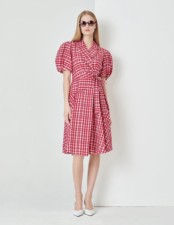 MARYLING Rose pink plaid suit collar puff sleeves plaid dress