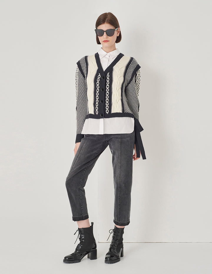 MARYLING Shirt Collar Black And White Knit Woven Cardigan